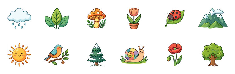 Cute cartoon nature icons including rain cloud, leaves, mushroom, flower, ladybug, mountains, sun, bird, pine tree, snail, poppy, and tree illustrations on transparent background © Yurii