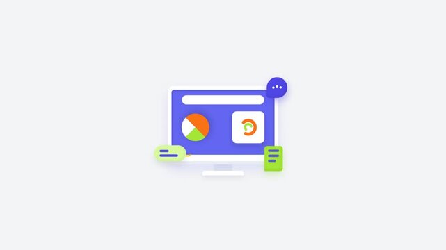 Flat lay illustration of a computer monitor with colorful pie charts on a clean white background.