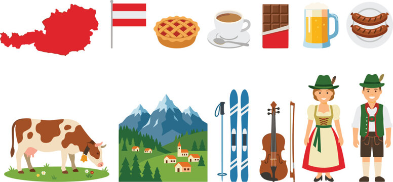 Austria culture and travel collection with traditional food clothing mountains music and national symbols vector illustration