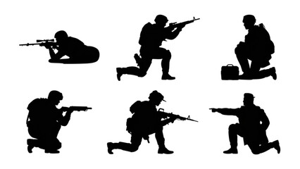 Six soldiers in different shooting and kneeling combat poses with rifles © Ridoy