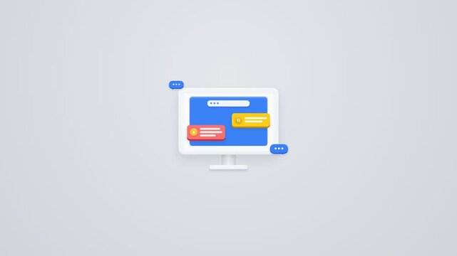 Flat lay of a computer monitor displaying a website on a gray background with blue chat bubbles.