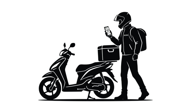 Silhouette of a professional courier wearing a protective helmet standing beside a parked motor scooter while holding a mobile phone to check delivery details during a busy workday on white background