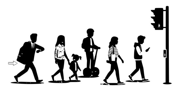 Modern City Pedestrians Crossing Zebra Roadway at Traffic Signal Vector Illustration