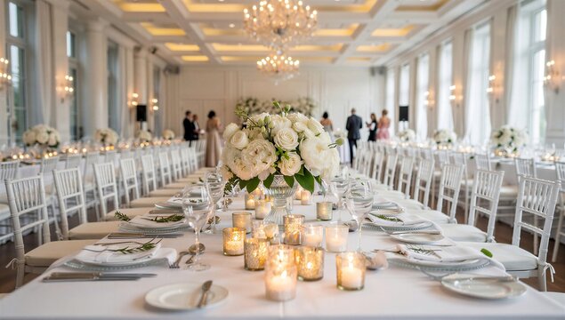 Luxury Wedding Reception Table Setup with Elegant Floral Centerpiece and Candlelight