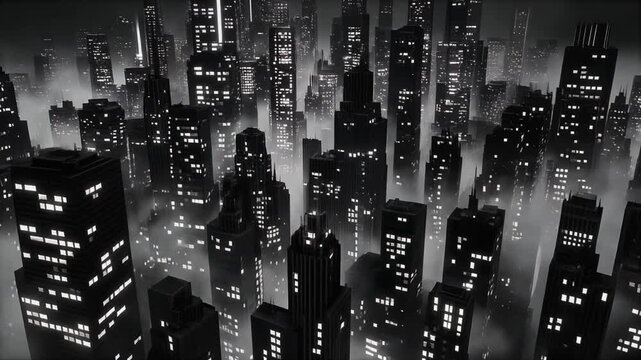 Cinematic Dark Futuristic Cityscape at Night with Glowing Windows and Fog, Seamless Loop Motion Background Animation in Full HD