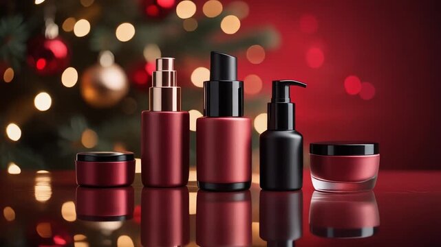 Professional Cinematic Stock Footage of Luxury Red Cosmetic Products on Reflective Surface with Blurry Christmas Lights Background for Holiday Marketing
