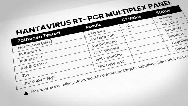 Hantavirus test results showing positive for Hantavirus SNV and negative for other pathogens