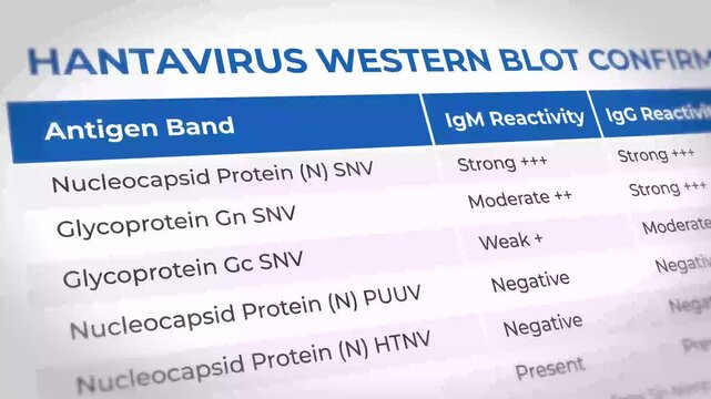 Hantavirus Western Blot test results showing IgM and IgG reactivity