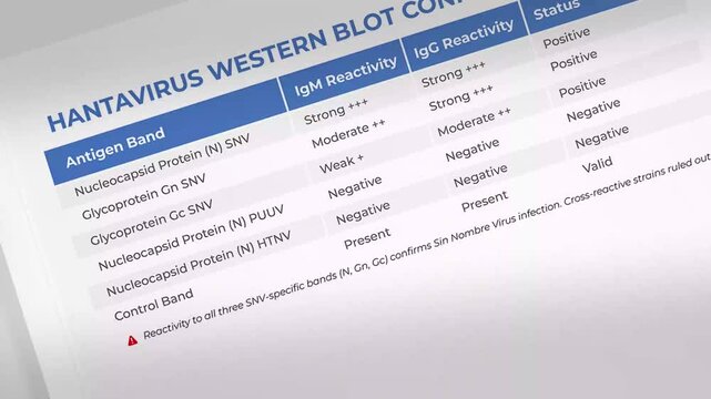 Hantavirus western blot test results showing antigen band reactivity