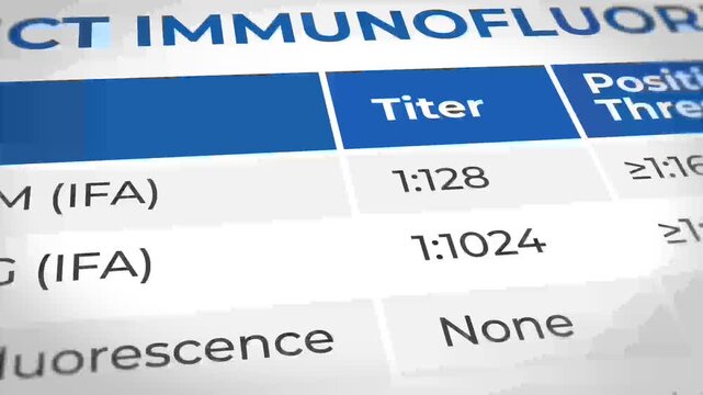 Medical laboratory test results showing immunofluorescence assay details