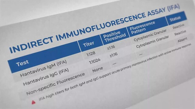 Close-up view of indirect immunofluorescence assay results for Hantavirus IgM and IgG tests showing reactive and positive threshold information