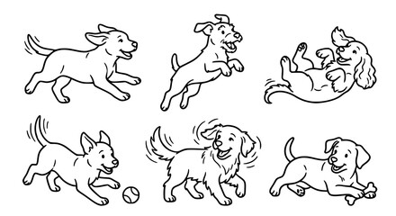Fototapeta premium Playful puppy outline illustrations set baby dog linear vector animals collection