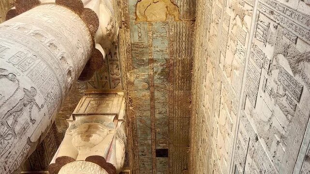 Beautiful vaults and bas-reliefs in the ancient temple complex of Dendera, Qena, Egypt