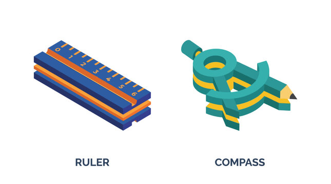 3d vector icon set featuring a ruler and compass with vibrant colors and detailed design ideal for technical engineering and educational illustrations on a clean white background