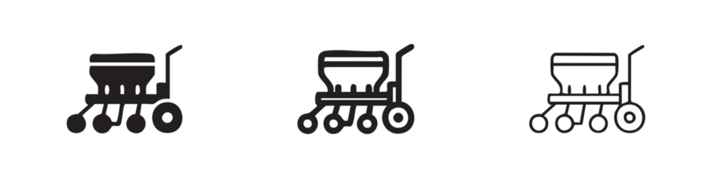 Seed Drill Agriculture Machine Icons for Planting Crops in Outline Style