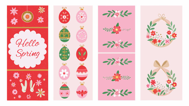 floral spring banners with easter eggs and rabbit illustrations on a red and pink background