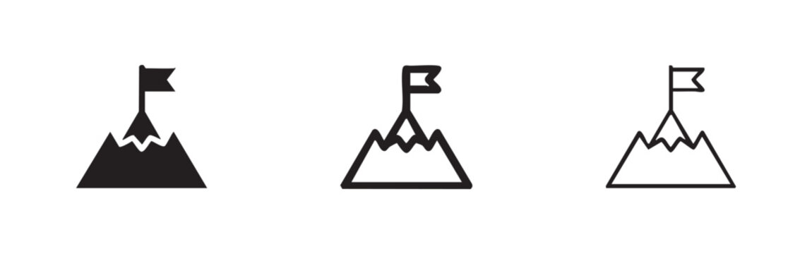 Mountain peak with flag icon set, symbolizing achievement, success, and reaching goals