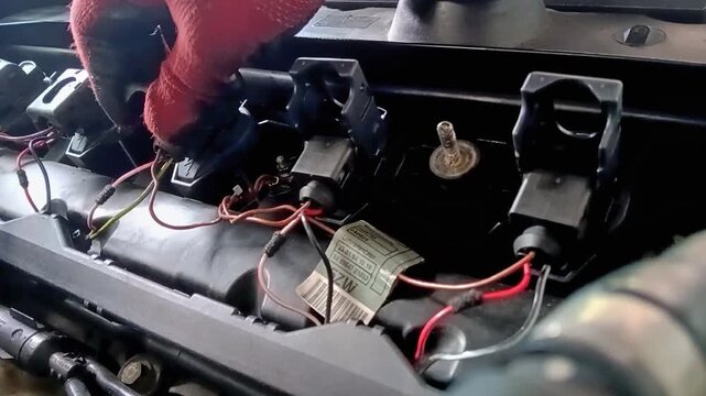 A gloved hand adjusts red wires near black ignition coils on a car engine, showing detailed automotive electrical components and a white part label.