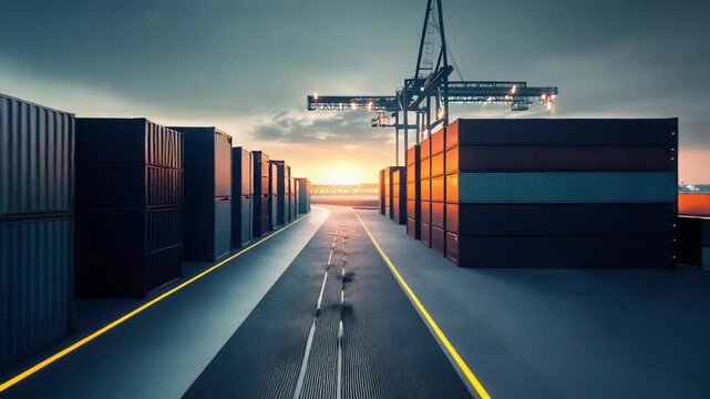 Shipping containers standing in rows at an industrial cargo port terminal with a large crane, reflecting the vibrant sunset sky, illustrating global trade and transportation