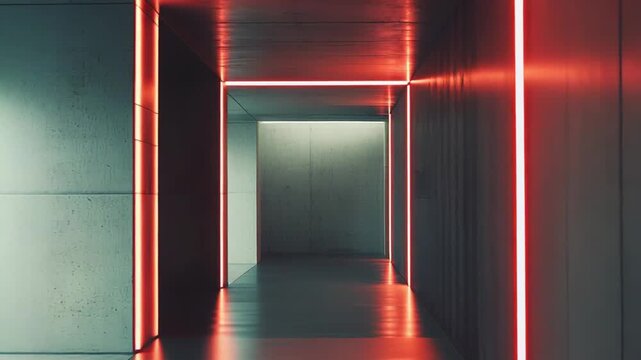 Futuristic concrete corridor creating a sense of depth and mystery with vibrant red neon lights tracing the edges of walls and ceiling, casting a dramatic glow on the reflective floor