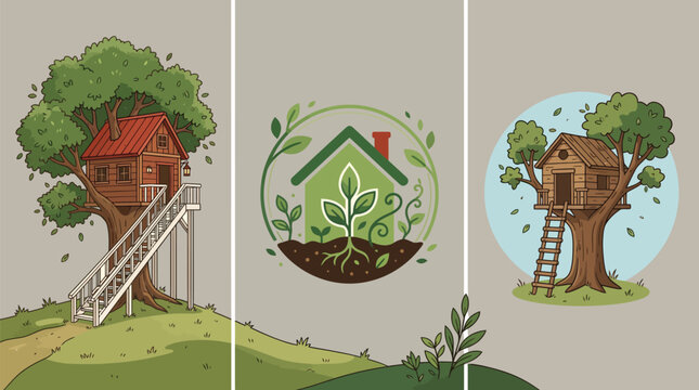 Treehouse with ladder and staircase in nature Vector