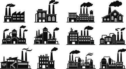 Fototapeta premium Black and white industrial factory icons set Vector