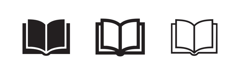 Open book icons in silhouette, outline, and filled outline styles