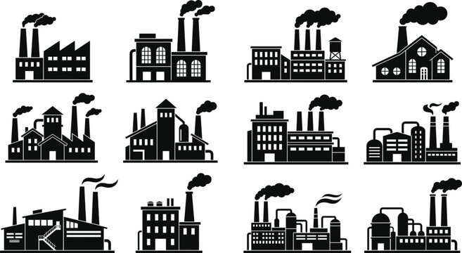 Black and white industrial factory icons set Vector