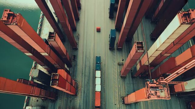 Container terminal operating with cranes loading and unloading cargo containers from a large ship, symbolizing international trade and freight transportation by sea