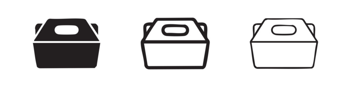 Portable cooler or ice box icon set. Insulated food and drink container symbol in solid, outline, and hand-drawn styles.