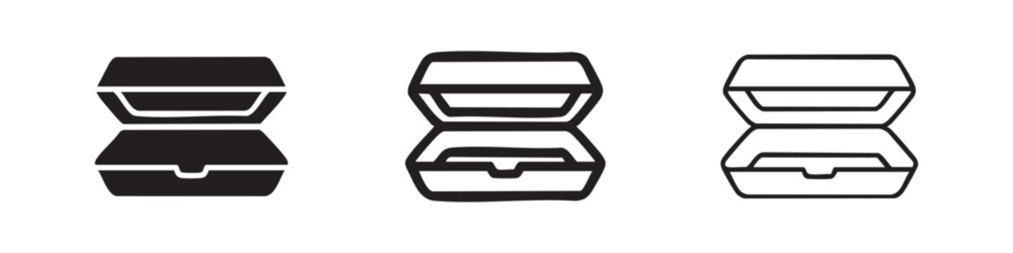 Takeaway food container or clamshell box icon set. Disposable meal packaging symbol in solid, outline, and hand-drawn styles.