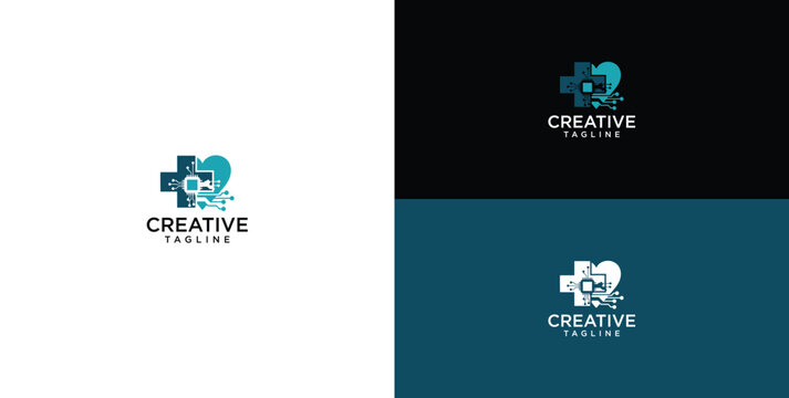Modern abstract logo design featuring a stylized medical cross intertwined with a loving heart and connecting elements, symbolizing innovative 