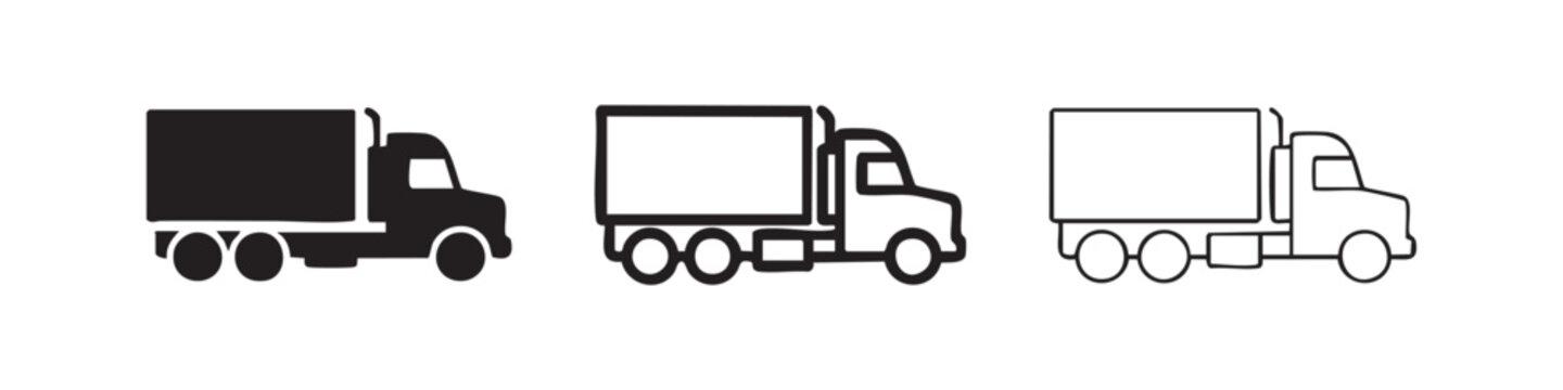 Delivery truck or lorry icon set for logistics and shipping in glyph, line, and outline styles