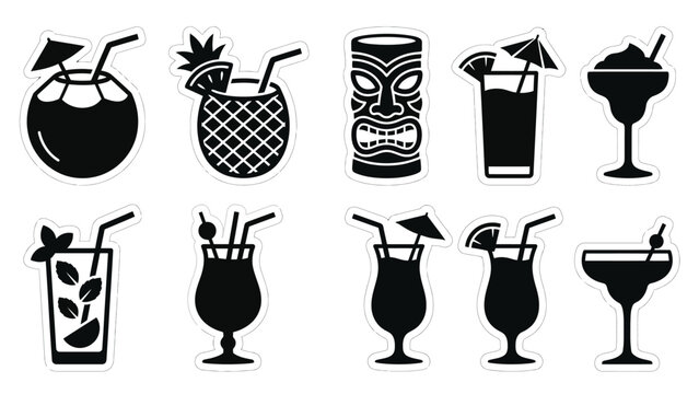 Collection of black and white tropical drink icons on white background.