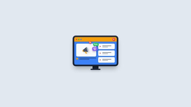 Flat lay of a computer monitor displaying a colorful website on a plain white background with blue and orange tones.