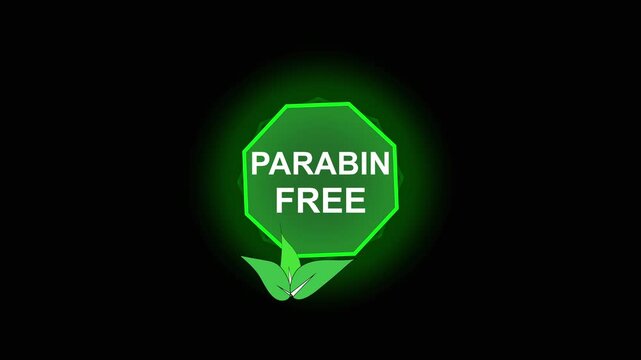 Parable free green octagon badge with organic leaves. Parable free symbol for natural skincare products. Parable free animation for non toxic beauty.