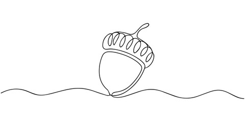 A single line drawing of a acorn. Continuous line thanksgiving acorn icon, one line Art icon drawing vector, Acorn in one line by hand. Vector illustration of an acorn with a brown spot © Parboti