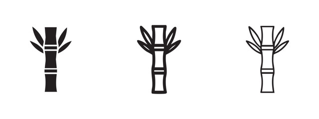 Bamboo stalk icons: solid, outline with leaves, outline minimalist © liubomir118809