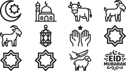 Fototapeta premium Eid al-Adha and Islamic Festival Icon Set - Qurbani Cow, Sacrifice Goat, Mosque, and Mubarak Greetings - Minimalist Bold Outline Illustration