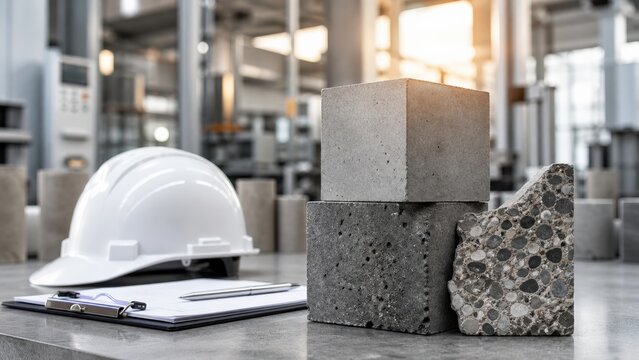 Industrial laboratory quality control testing features concrete cubes and aggregate samples beside white safety helmet and clipboard for construction inspection