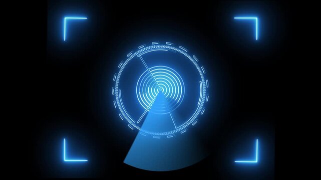 Blue futuristic radar scope with targeting squares. Blue futuristic radar for tactical scan and navigation. Blue futuristic radar animation for digital interface.