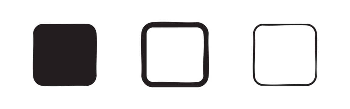 Square icons with rounded corners: solid, outline with fill, and outline