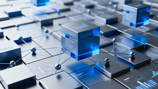 This 3D rendered visual shows a futuristic data network with interconnected cubic nodes, glowing blue accents, and a grid of digital blocks representing cloud computing and blockchain systems.
