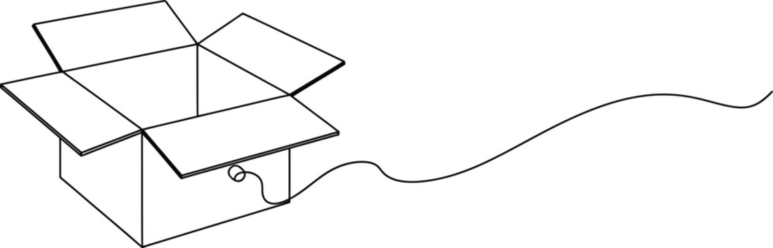 Continuous line drawing of an open cardboard box with a string