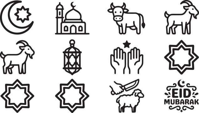 Eid al-Adha and Islamic Festival Icon Set - Qurbani Cow, Sacrifice Goat, Mosque, and Mubarak Greetings - Minimalist Bold Outline Illustration