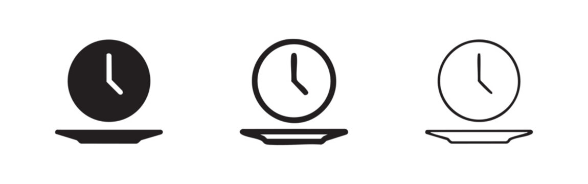 Three icons of a clock on a plate, in solid, outlined, and hand-drawn styles, representing mealtime or time management.