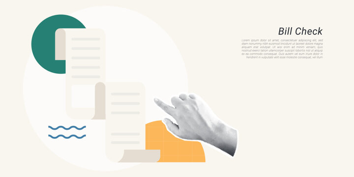 Trendy Halftone Collage of a halftone hand pointing at an invoice document with stamp and text lines, symbolizing bill check and payment verification, ideal for finance and accounting content.