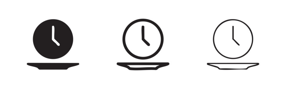 Three icons of a clock on a plate, in solid, outlined, and hand-drawn styles, representing mealtime or time management.