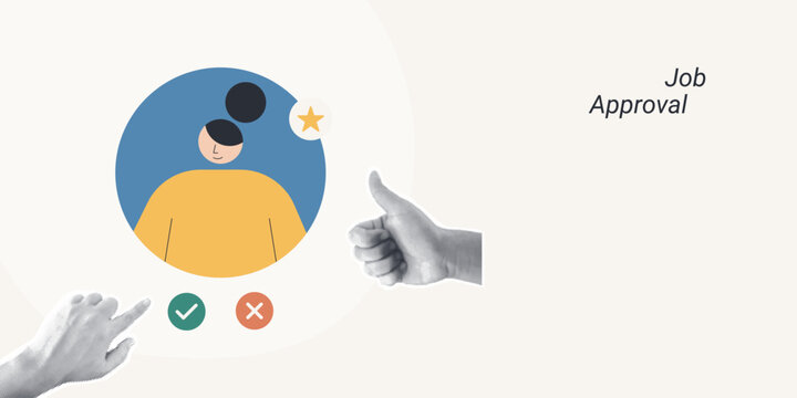 Trendy Halftone Collage of a halftone thumbs up hand beside a candidate profile with star rating and approve or reject icons, symbolizing job approval and recruitment, ideal for HR and hiring content.