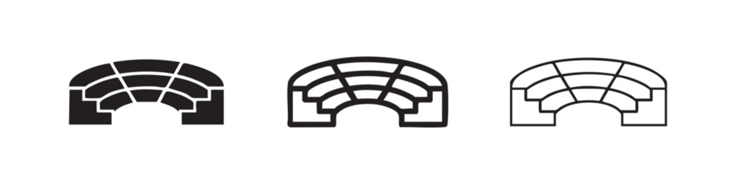 Three icons of an amphitheater or stadium seating, in solid, outlined, and hand-drawn styles, representing venue or audience.